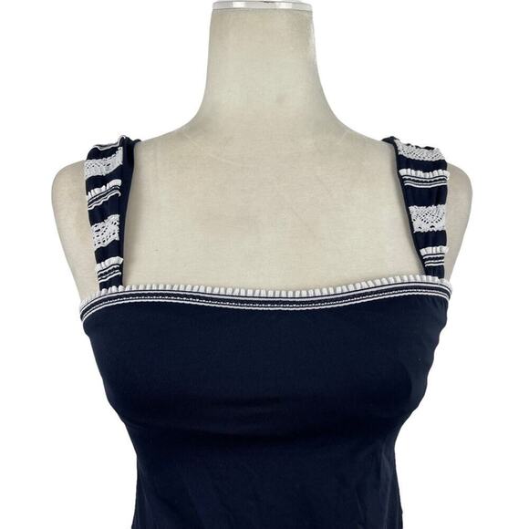 Becca Women's Size Small Floral Embroidered Crochet Strap Navy Tankini Swim Top - Picture 2 of 13